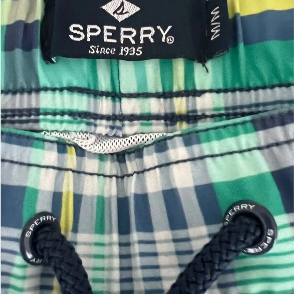 Sperry Mens Sz M Blue Green Plaid Bathing Suit Mesh Lined Summer Swim Trunks - Picture 6 of 7